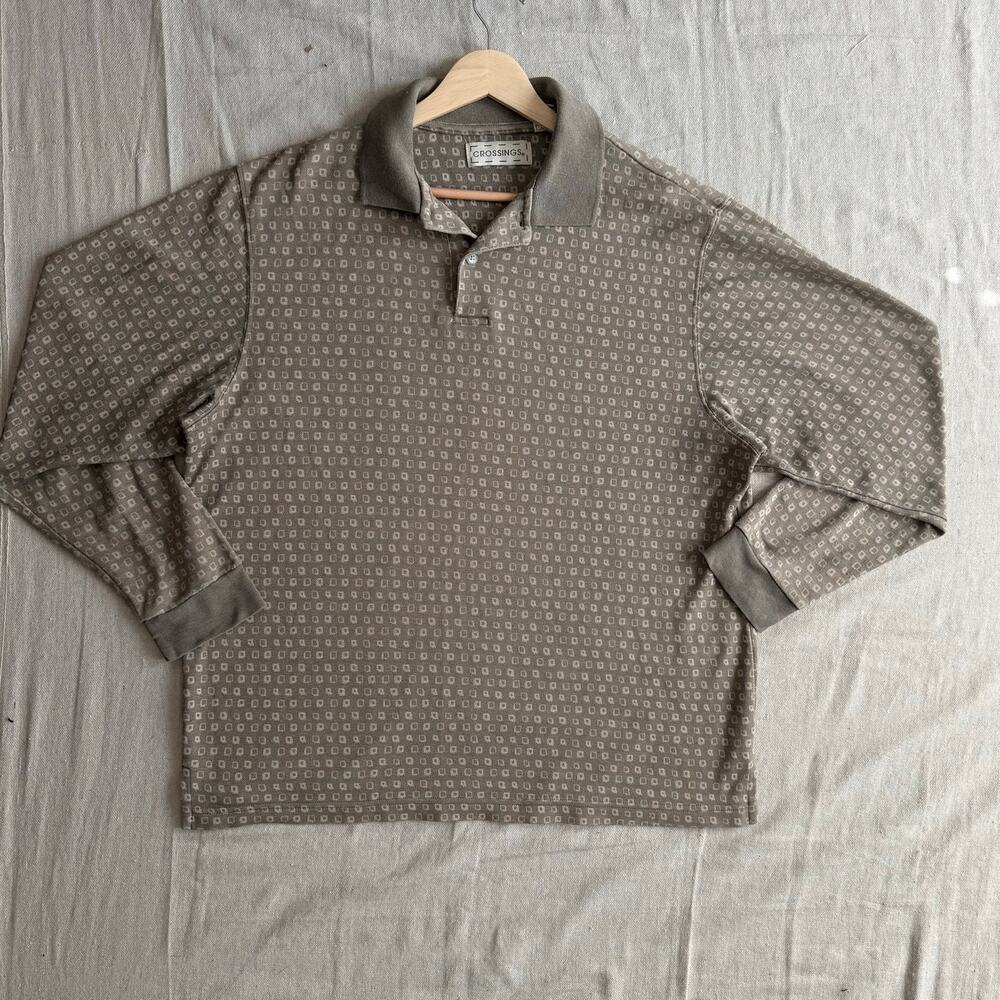 Vintage 90s Polo Shirt Men's M Rugby Style Long Sleeve Geometric Print Crossings